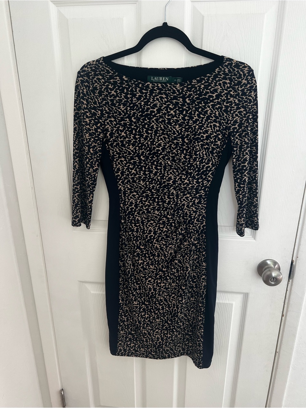 Ralph Lauren Black and Tan Printed Midi Sheath Dress